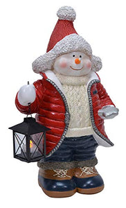 Snuggly Snowman Holding LED Lantern 17" Resin Holiday Door Greeter