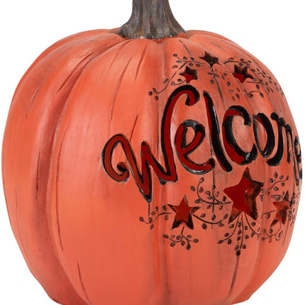 Orange Welcome Pumpkin LED Lit 7.5 Inch Resin Harvest Decor