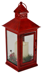 Flameless 13.5" Holiday Berry and Pine Red Metal LED Lantern