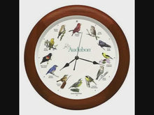 Load and play video in Gallery viewer, Audubon Society Singing Bird Clock, Cherry Finish Wood Frame 13&quot;
